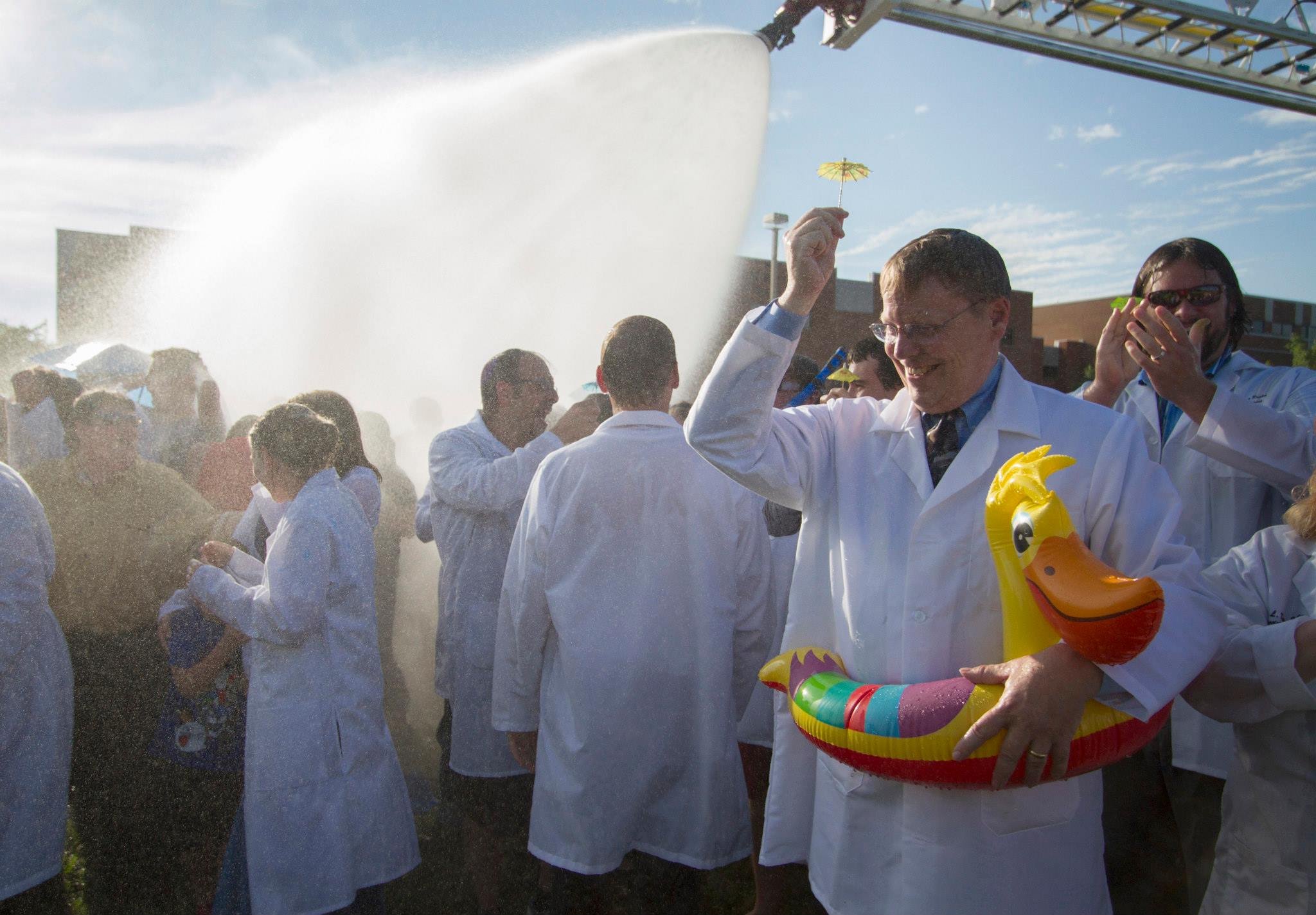 Associate Dean, Dr. Thomas L. Kier, wears a duck flotation device as he waits for the spray. (ONU photo/Raabe College of Pharmacy Facebook)