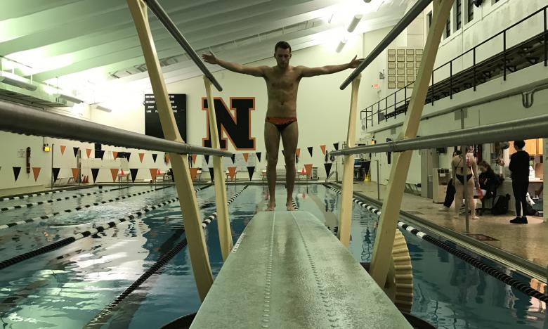 Senior Braden Kuhn practices on the one-meter board on Monday, Jan. 12. Kuhn will compete in the NCAA Div. III Diving Regionals this weekend at the University of Chicago. (Northern Review photo/ Grant Pepper)