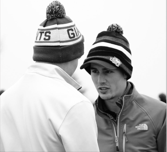 Men’s golf captain, junior Zach Goodchild, firing up sophomore, Tim Monroe before the ONU Spring Invitational started on Saturday, April 2nd, 2016 at The Colonial Golfers Club in Harrod, Ohio. (Northern Review photo/ Jennifer Kolb)