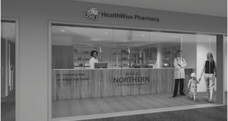 A conceptual image of the future on-campus pharmacy highlights its full-time pharmacist and technician, and comprehensive services for ONU and Ada communities. (Photo/Raabe College of Pharmacy)